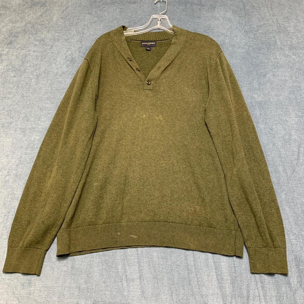 Banana Republic Henley Sweater Mens Large Olive Green Cotton V Neck Ribbed Hem